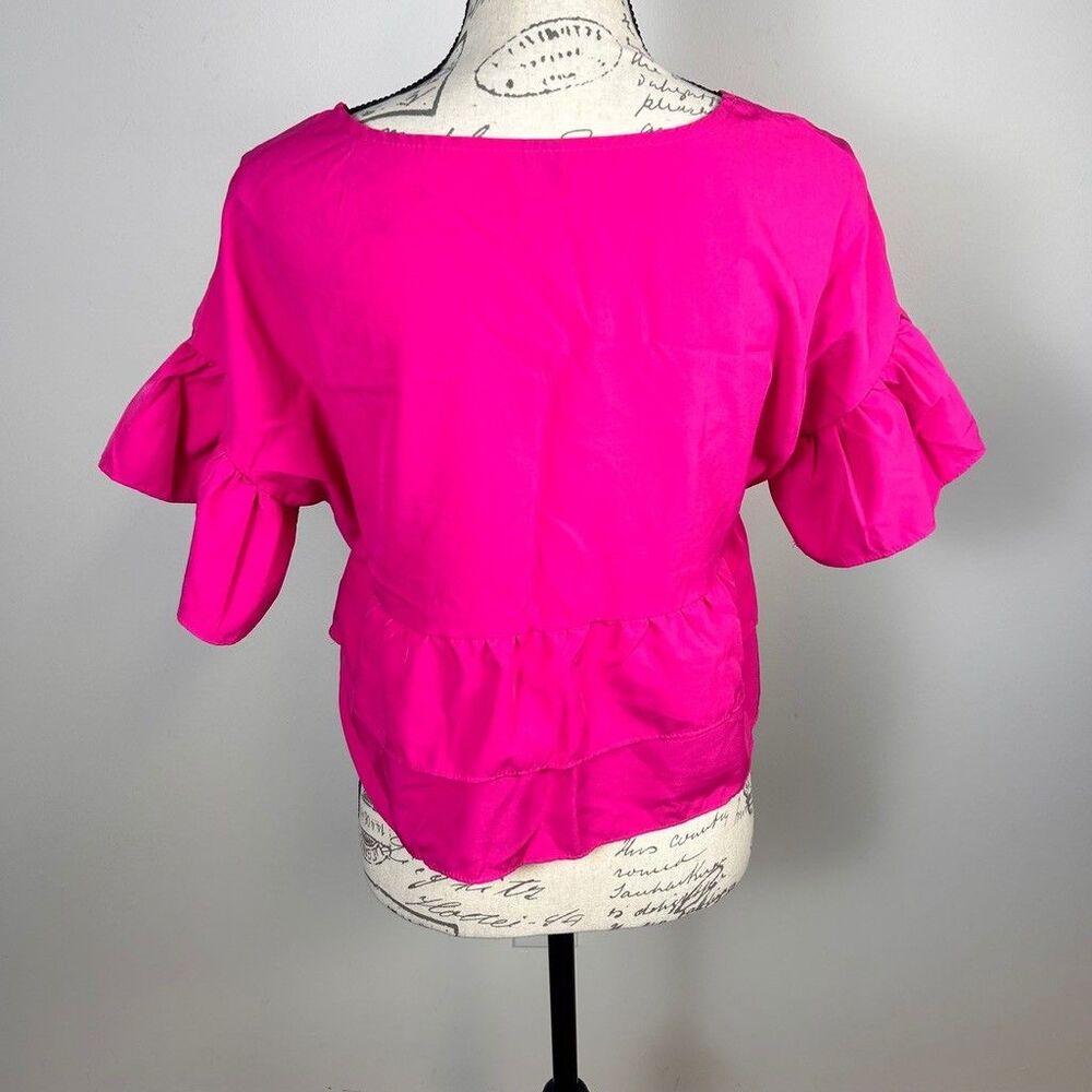 Shein Womens Hot Pink Ruffle Blouse Medium Short Sleeve Tiered Peplum Crop Top - Picture 4 of 8